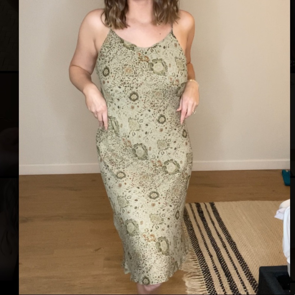 Vintage Dress-U by Sharon • Knee Length. Olive green Spaghetti Strap. Size 12